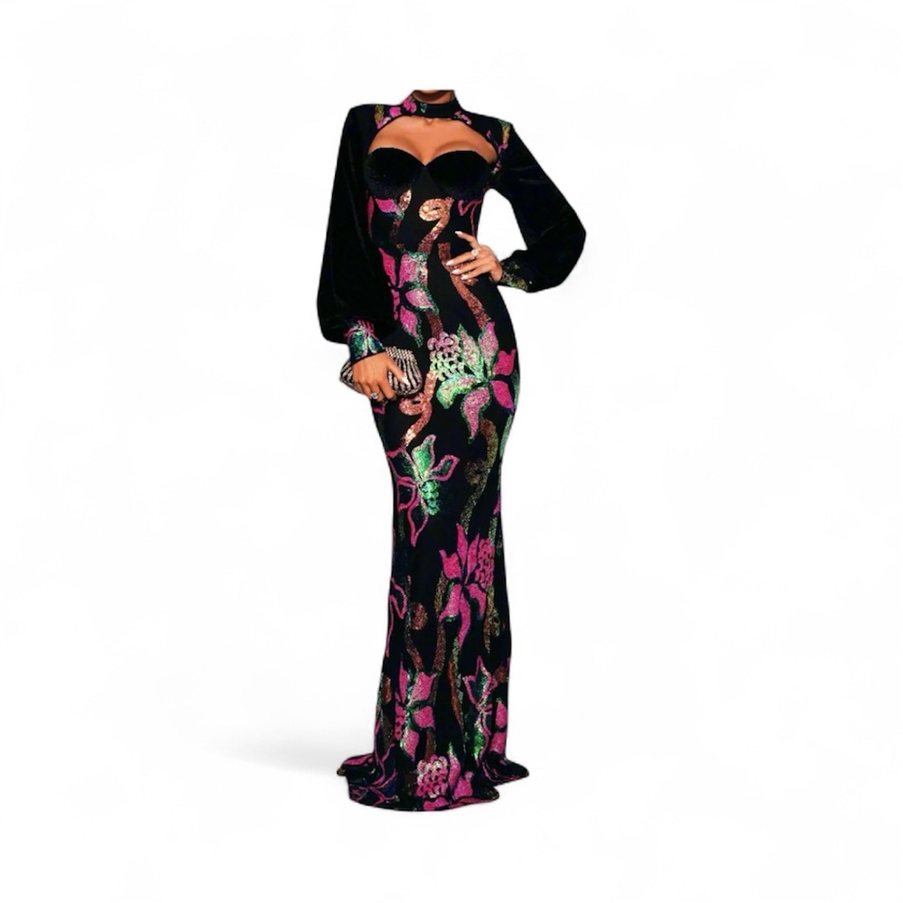 MissOrd cut out lantern sleeve formal sequin mermaid dress size small.